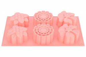 Форма для выпечки 6 ячеек "Цветы", 28,5x17,5x4 см, розовая