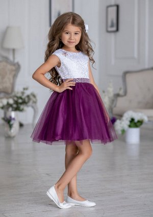 Нарядное платье с контрастной юбкой из однотонной ткани, цвет фиолетовый