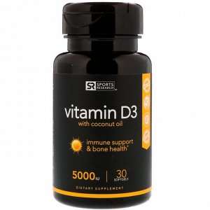 Sports Research, Витамин D3 с кокосовым маслом, 5000 МЕ, 30 мягких таблеток