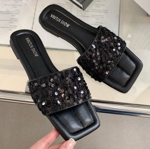 Женские шлепанцы с пайетками с квадратным носком на низком каблуке, черные