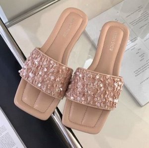 Женские шлепанцы с пайетками с квадратным носком на низком каблуке, розовый