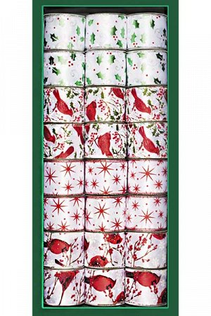 Лента для декорирования "Красные кардиналы в зарослях остролиста" красно-зелено-белая, 5 мх6,5 см