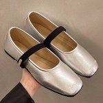 Женские туфли  на плоской подошве с пряжкой, серебро
