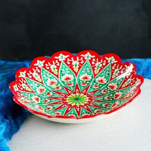 Ляган Риштанская Керамика "Цветы", 33 см, красный, рифлёный