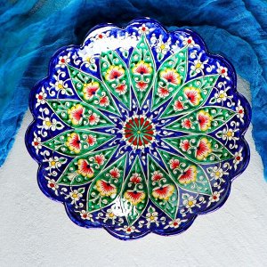 Ляган Риштанская Керамика "Цветы", 33 см, синий, рифлёный
