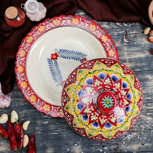 Блинница узбекская Риштанская Керамика «Цветы», d=32 см, красная