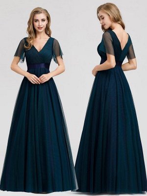 Вечернее длинное темно-синее платье с двойным V-образным вырезом и короткими рукавами