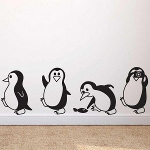 Наклейка "4 пингвина" черно-белая виниловая самоклеящаяся