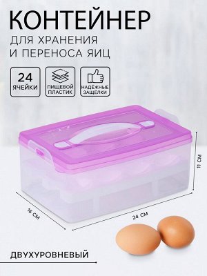 Контейнер для хранения яиц, 24 ячейки, двухуровневый, пластик, 24?16?11 см, фиолетовый