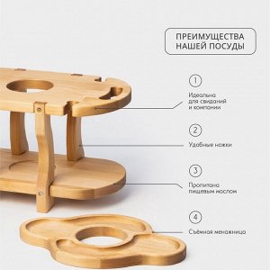 Столик - поднос для вина со съёмной менажницей на 4 персоны Adelica, 35x19x1.8 см, высота 21 см, дерево берёза