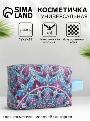 Косметичка на молнии женская, с ручкой, маленькая, с рисунком, голубая