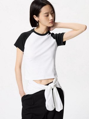 UNIQLO - короткая хлопковая футболка с рукавами реглан - 09 BLACK