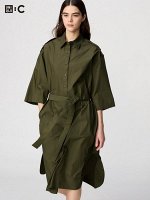 UNIQLO: C - хлопковое оверсайз платье-рубашка с рукавом 5/6 - 57 OLIVE