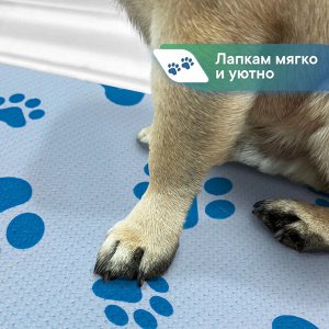 Коврик под миску 61х100 см под лоток для кошки/ для собаки противоскользящий для животных, ПВХ (голубой лапки)