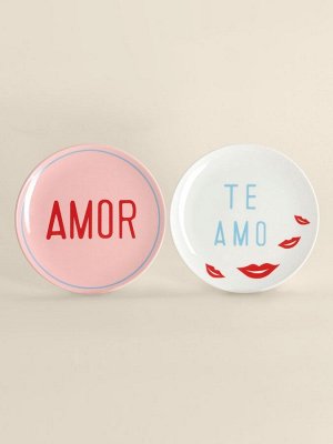 Тарелки SL Home «Уроки испанского: Amor - Te amo», d=22 см, набор 2 шт., фарфор, белые, розовые