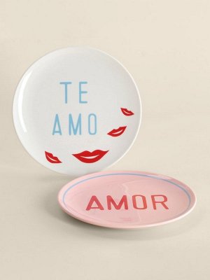 Тарелки SL Home «Уроки испанского: Amor - Te amo», d=22 см, набор 2 шт., фарфор, белые, розовые