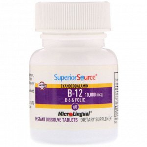Superior Source, витамины B12, B6 и фолиевая кислота повышенной силы действия, 10 000 мкг/1200 мкг, 60 быстрорастворимых таблеток MicroLingual