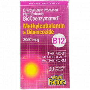 Natural Factors, BioCoenzymated, B12, Methylcobalamin &amp; Dibencozide, 3,000 mcg, 30 Chewable Tablets