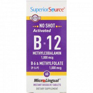 Superior Source, Активированный витамин B12 метилкобаламин, B6 (P-5-P) и метилфолат, 1000 мкг/1000 мкг, 60 таблеток