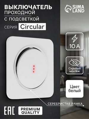 Выключатель, серия Circular, 10 А, одноклавишный, с подсветкой, скрытый монтаж, серебристая рамка, белый