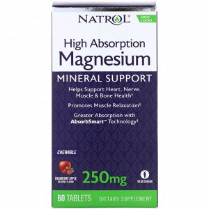 Natrol, High Absorption Magnesium, Cranberry Apple Natural Flavor, 250 mg, 60 Tablets