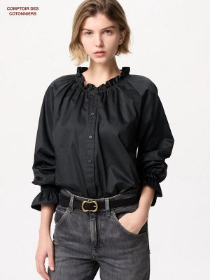 UNIQLO - атласная рубашка с оборками - 09 BLACK