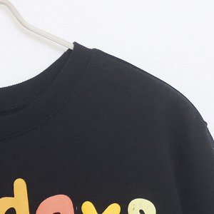 Свитшот трикотажный с круглым горлом на флисе, с принтом, черный