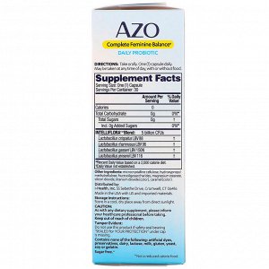 Azo, Complete Feminine Balance, ежедневный пробиотик для женщин, 30 капсул для приема один раз в день