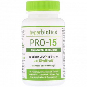 Hyperbiotics, PRO-15, сила в сочетании с плодами киви, 60 запатентованных таблеток с эффектом медленного высвобождения