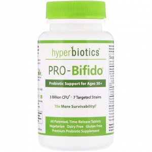 Hyperbiotics,  - ПРО-бифидо - , пробиотический поддерживающий препарат для людей старше 50 лет, 60 таблеток замедленного высвобо