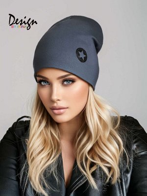 Удлиненная хлопковая шапка женская с глиттером Звезда (гр.джинс)