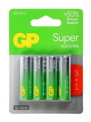 Батарейка алкалиновая GP Super, AA, LR6-4BL, 1.5 В, блистер, 3+1 шт.