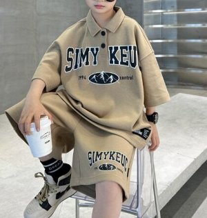 Костюм летний в стиле оверсайз: футболка-поло + свободные шорты, хаки