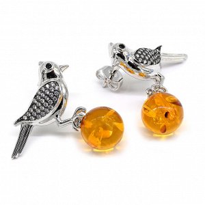 Серьги Птицы с янтарным шариком 10мм цв.медовый, 5,5г