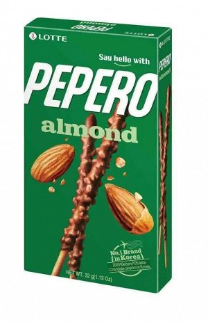 Печенье-соломка LOTTE "Pepero Almond", в шоколадной глазури с миндалем, в картонной упаковке, 32 г, Корея