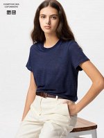 UNIQLO x  Comptoir des Cotonniers - базовая льняная футболка с круглым вырезом - 68 BLUE