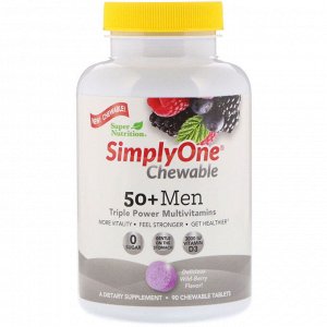 Super Nutrition, SimplyOne, Мультивитамины тройной силы для мужчин 50+, Вкус лесных ягод, 90 жевательных таблеток