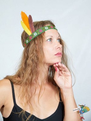 повязка Индейца на голову, 3 пера оранжевое, желтое и коричневое, ширина 2 см (ТМ Lisena)
