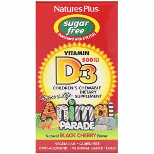 Nature&#x27 - s Plus, Source of Life, Animal Parade, витамин D3, без сахара, с натуральным вкусом черной вишни, 500 МЕ, 90 таблеток в форме животных