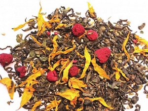 Здоровье Бленд крупнолистового зеленого китайского чая, ягод малины, кусочков имбиря, лепестков подсолнечника и листочков земляники. С нежным малиновым ароматом.