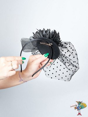 Вуалетка черная, мини-шляпка с вуалью и черным цветком