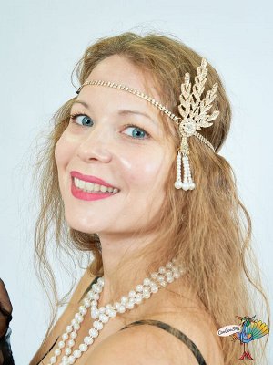 Повязка на голову с брошью, бусинами и стразами, золото