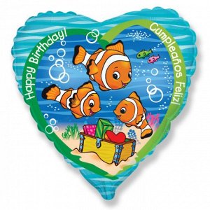 Фольга шар сердце День рождения рыбки-клоуна 18"/45 см 1шт Испания