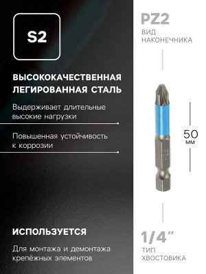 Биты ТУНДРА, намагниченные, сталь S2, PZ2x50 мм, 2 шт.