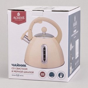 Чайник-термос AGNESS Premium 3,2 л с капсульным дном, мерной шкалой и свистком, из нержавеющей стали, 1 шт.