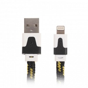 Кабель Ritmix, Lightning - USB, тканевая оплетка, плоский, 1 А, 1 м, чёрно-жёлтый