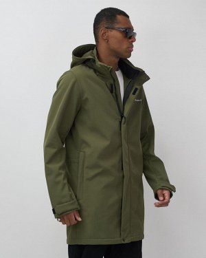 Парка спортивная мужская с капюшоном softshell цвета хаки 9565Kh