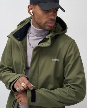 Парка спортивная мужская с капюшоном softshell цвета хаки 9565Kh