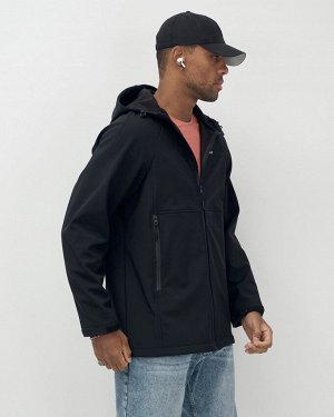 Ветровка спортивная мужская с капюшоном softshell черного цвета 9563Ch