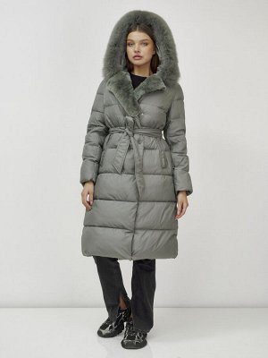 Пальто утепленное с капюшоном и мехом зимнее женское цвета хаки 133203Kh